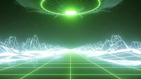 Neon Alien Spacecraft Hovering Above Futuristic Wireframe Mountain Landscape Stock Footage 339800681