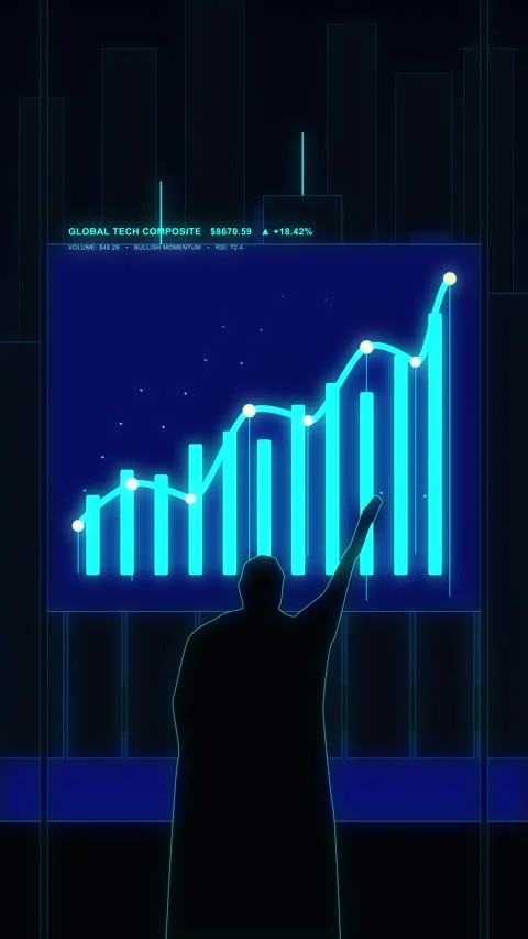 Neon analytics graph growth animation with businessman silhouette Stock Footage 347058910