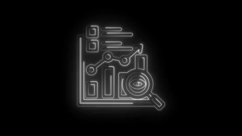Neon analytics graph with magnifying glass and eye icon showing data analysis Stock Footage 333957481