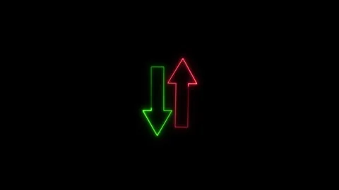 Neon up and down arrows glowing in red and green on dark animated backgroun.. Stock-Footage 334218015