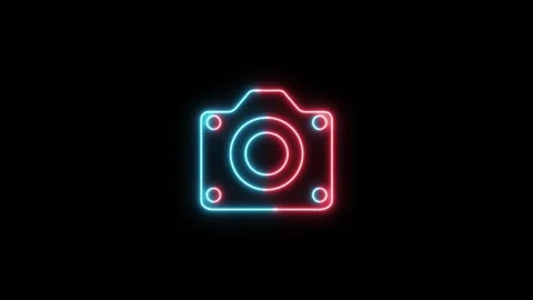 Neon and glowing camera icon animation sign symbol on black background Stock Footage 319676167