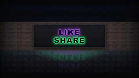 Neon Like and Share Text Glowing on a Dark Brick Wall Background Stock Footage 344773850