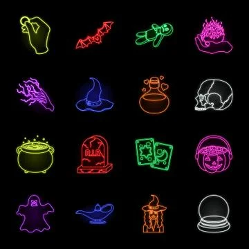 Neon and white magic neon icons in set collection for design. Attributes and 库存插图