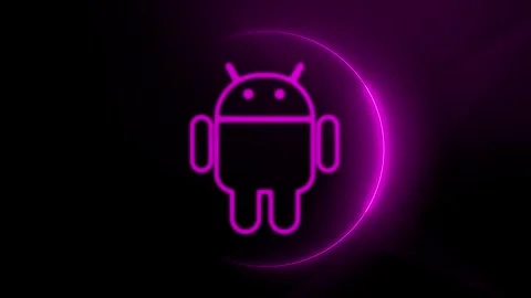 Neon Android logo with a glowing purple outline animated on a dark background Stock Footage 259765547