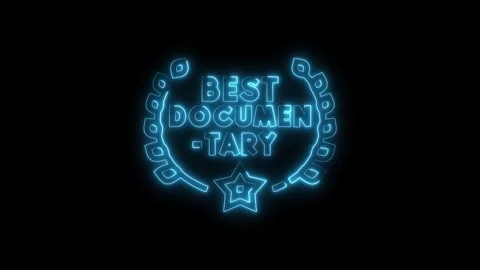 Neon animated best documentary award badge with laurel wreath and star on bla Stock Footage 312328664