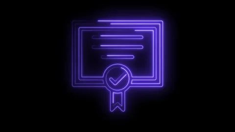Neon animated certificate with check mark glowing on a black background sea.. Vídeo Stock 315960723