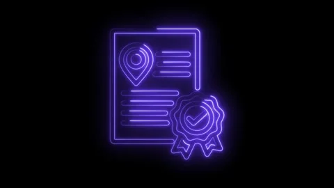Neon animated certified document showing location with approved stamp isolated Stock Footage 330784369