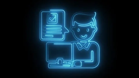 Neon animated illustration of man working at computer completing online form Stock Footage 309913744