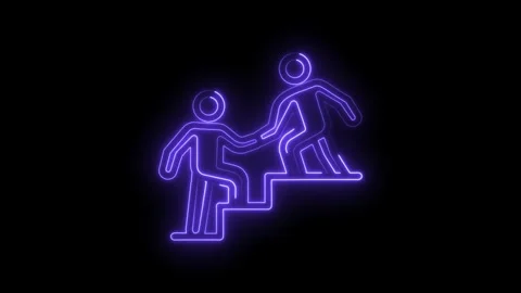 Neon animation of helping hand guiding figure up steps illustrating teamwork and Stock Footage 322962522