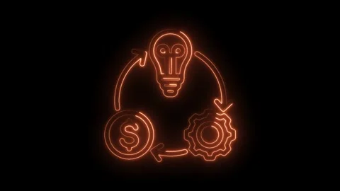 Neon animation of idea generation process with light bulb gear and money cycl Stock Footage 346004361