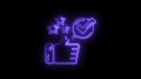 Neon animation of thumbs up feedback rating with stars and tick mark on black Stock Footage 322957343