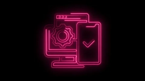 Neon animation of website development with mobile approval on black background Stock Footage 330777486
