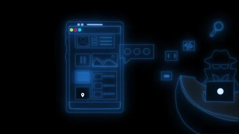 Neon app interface and hacker silhouette animation on black background Stock Footage 329116998