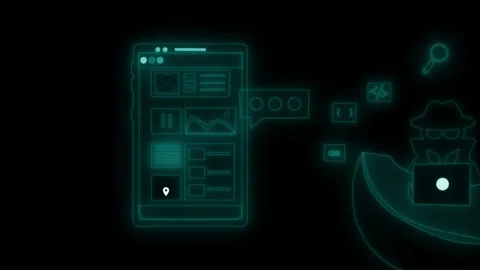 Neon app interface and hacker silhouette animation on black background Stock Footage 329117012