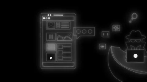 Neon app interface and hacker silhouette animation on black background Stock Footage 329117015