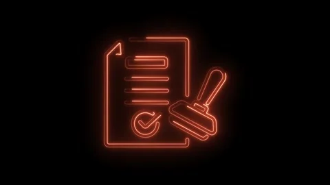 Neon approved document animation on dark background legal compliance and Stock Footage 330774624