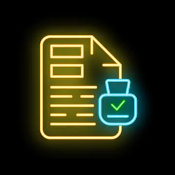 Neon approved document with check mark icon glowing on black background Stock Illustration