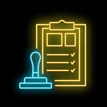 Neon approved document with checklist and stamp icon on black background Stock Illustration