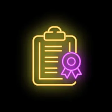 Neon approved document icon with clipboard and checkmark symbol Stock Illustration