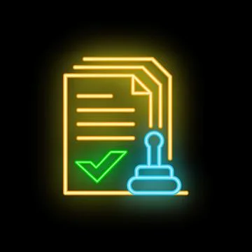 Neon approved document with stamp icon glowing on dark background Stockillustratie
