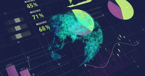 Neon aqua wireframe globe rotating in dark grid dashboard, with pie charts, Stock Photos