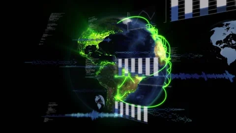 Neon arc appearing, 3D globe rotating, network lines linking continents, bars Stock Footage 329701926