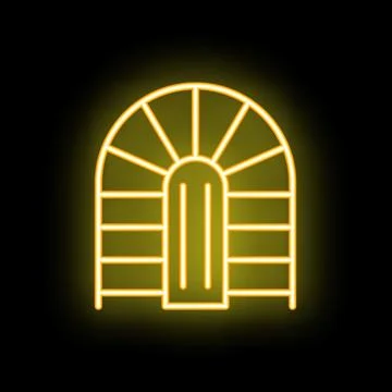 Neon arch window with yellow light glowing on black background Stock Illustration