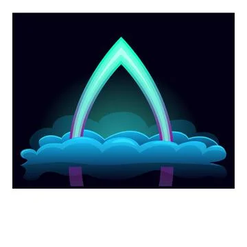 Neon archway emerging from blue clouds on black background Stock Illustration