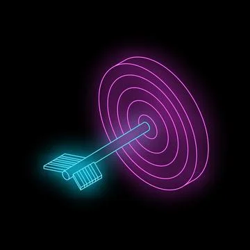 Neon arrow hitting target on black background symbolizing success 스톡 일러스트