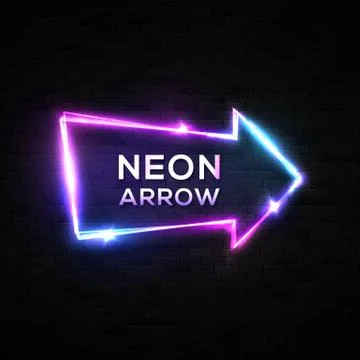 Neon arrow pointer on black brick wall background. Stock Illustration