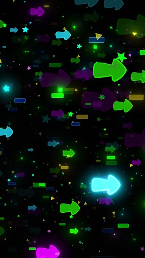 Neon arrow shape party overlay floating colorful icons, glowing stars, small rec Stock Footage 340469065
