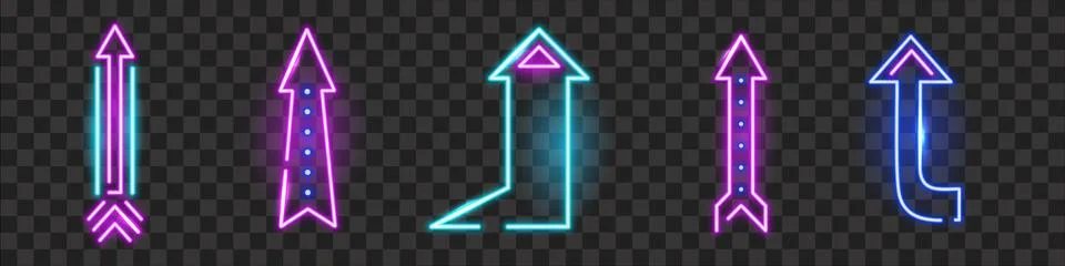 Neon arrows pointers geometric isolated set. Curves and straight bright blue Stock Illustration