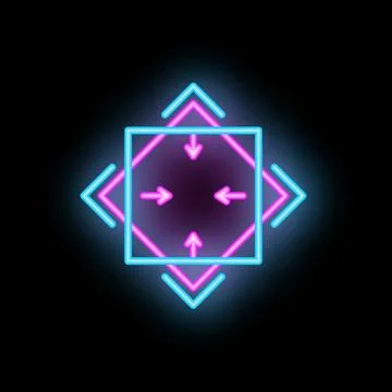 Neon arrows pointing to the center of a square on black background Stock Illustration
