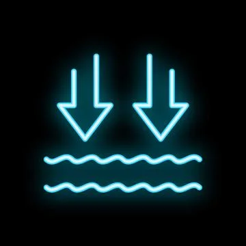 Neon arrows pointing down towards wavy lines on black background Stock Illustration