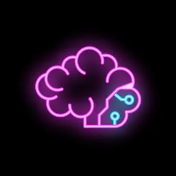 Neon artificial intelligence brain icon glowing on dark background Stock Illustration