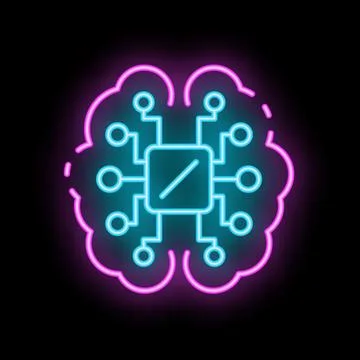 Neon artificial intelligence cpu chip inside glowing brain 库存插图