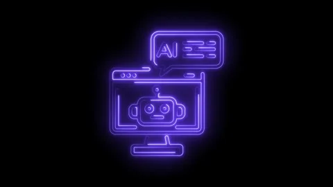 Neon artificial intelligence robot head on computer screen chatbot future Stock Footage 330772667