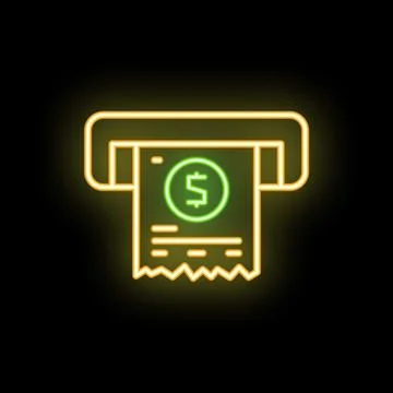 Neon atm machine printing receipt icon for online banking app Stock Illustration