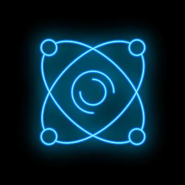 Neon atom icon glowing on dark background representing science and technology Illustrazione stock