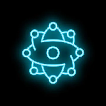 Neon atom icon glowing on dark background representing science and technology Stock Illustration