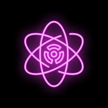 Neon atom icon glowing on dark background Stock Illustration