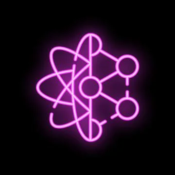 Neon atom structure glowing on dark background Stock Illustration