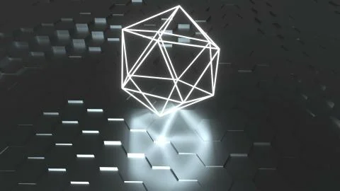 Neon atom symbol are on surface with reflection, futuristic 3d render background Stock Illustration