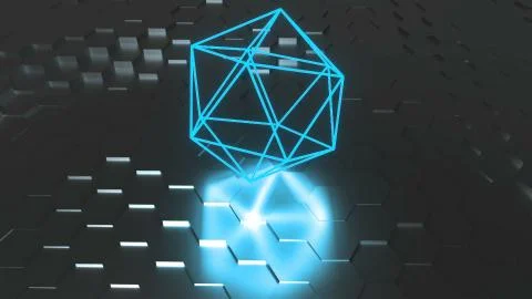 Neon atom symbol are on surface with reflection, futuristic 3d render background Stock Illustration