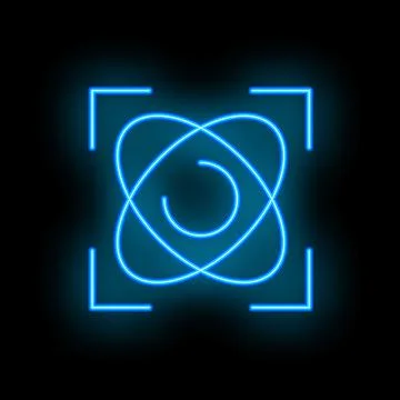 Neon atom symbol glowing in focus frame on dark background Stock Illustration