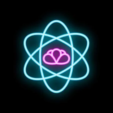 Neon atom symbol representing science and knowledge with brain icon Stock Illustration