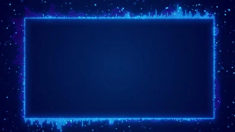 Neon audio frame title visual cyan glowing rectangle, purple sound bars, and cle Stock Footage 340576959