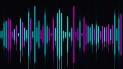 Neon audio waveform pulse rhythmic light bars glowing on black digital back.. Video stock 341770761