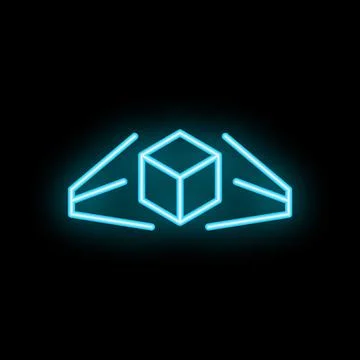 Neon augmented reality logo with cube rotating in hands on black background Stock Illustration