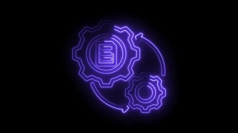 Neon automation blueprint gears processing data transfer cycle glowing on d.. Stock Footage 346001091